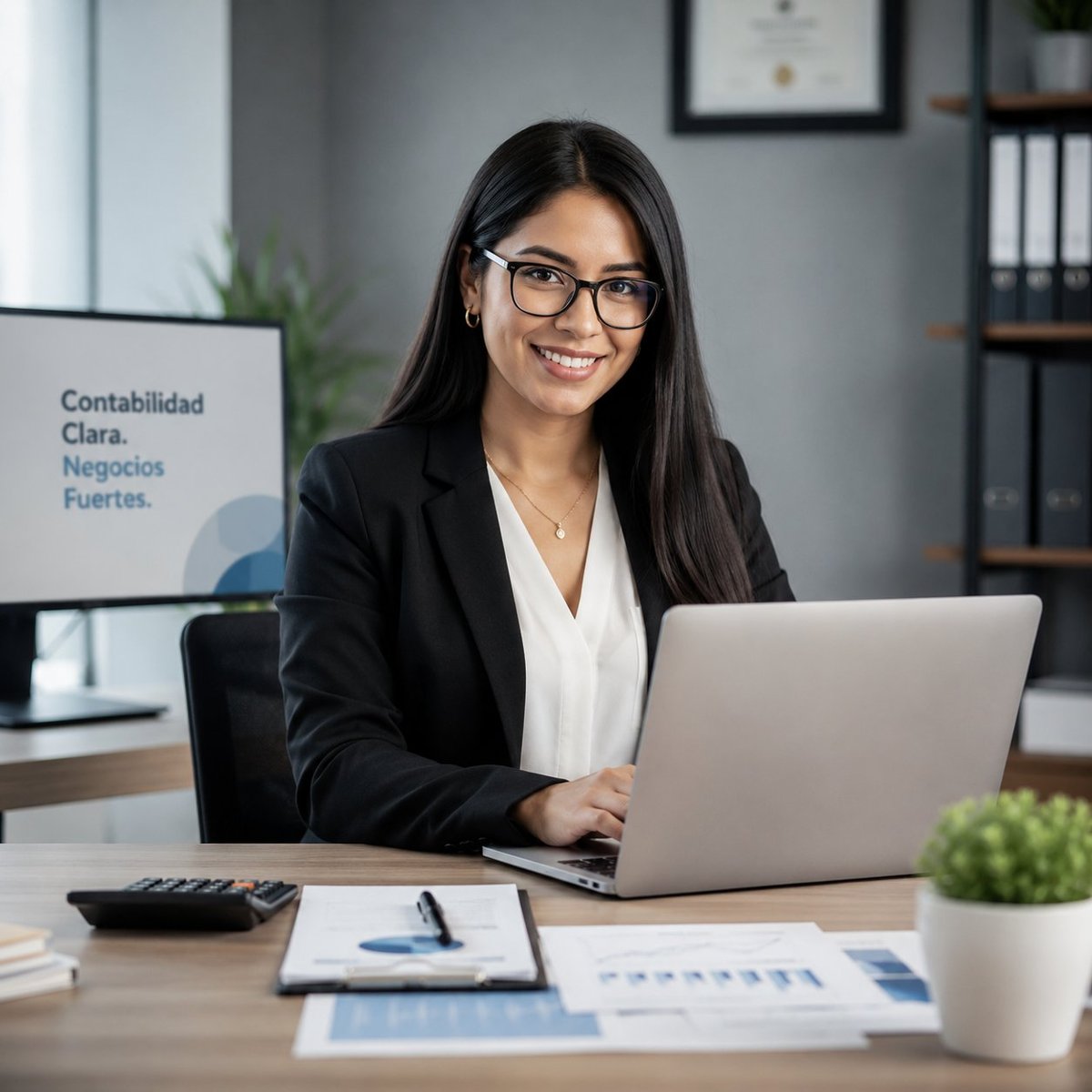 Profesional mujer en oficina moderna con laptop y documentos financieros